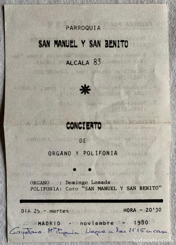 Otros Art&iacute;culos de Coleccionismo en Papel: Folleto Concierto de &oacute;rgano y polifon&iacute;a en la Parroquia SAN MIGUEL Y SAN BENITO, Madrid.