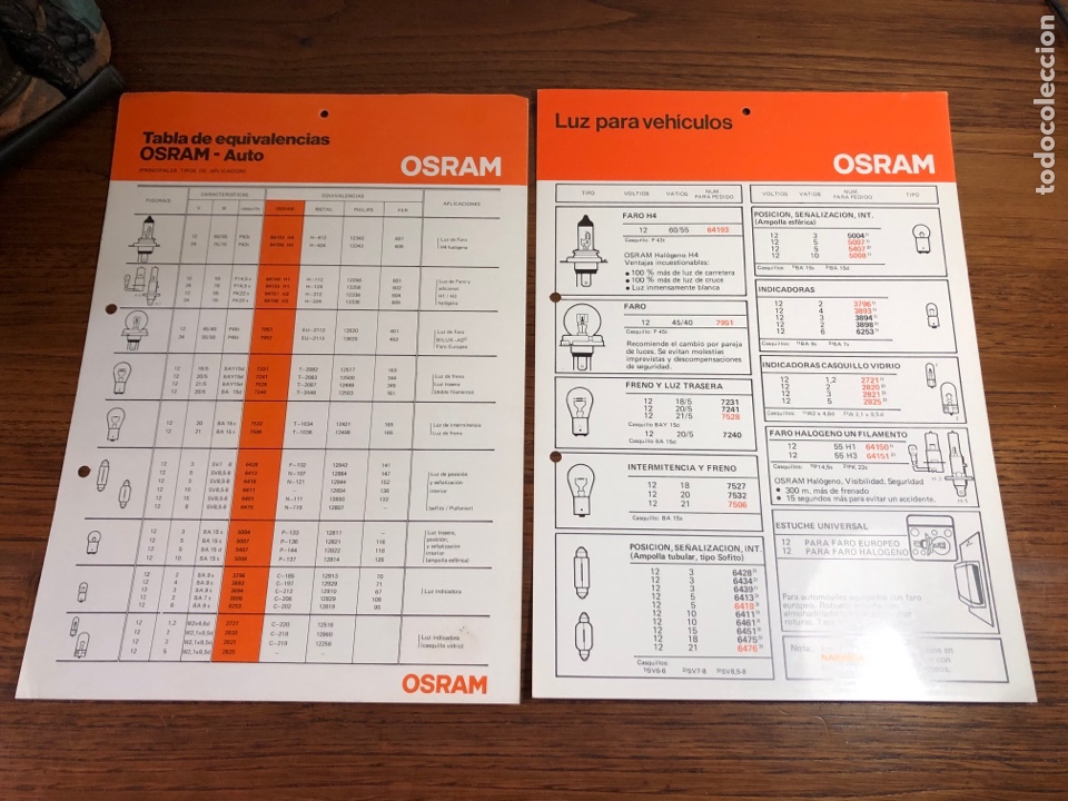 Otros art&iacute;culos de coleccionismo en papel: DOS TABLAS EQUIVALENCIAS LUZ PARA VEH&Iacute;CULOS OSRAM