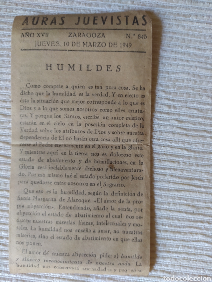 Outros artigos de papel: AURAS JUEVISTAS-HUMILDES- A&Ntilde;O XVII ZARAGOZA N&deg;845 - 10 DE MARZO 1949