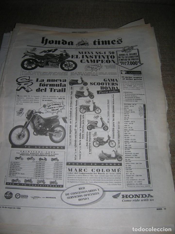Otros Art&iacute;culos de Coleccionismo en Papel: Hoja recorte de prensa. Periodico Marca, 16 mayo 1996. Publicidad Honda Times. Modelos motos Honda.
