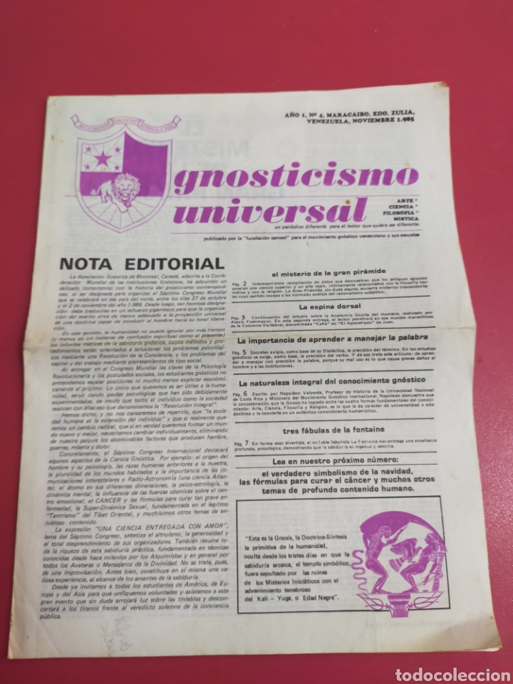 Otros art&iacute;culos de coleccionismo en papel: Movimiento gnosticismo universal a&ntilde;o 1_n&deg; 4 Maracaibo Edo Zulia Venezuela,. Noviembre 1985