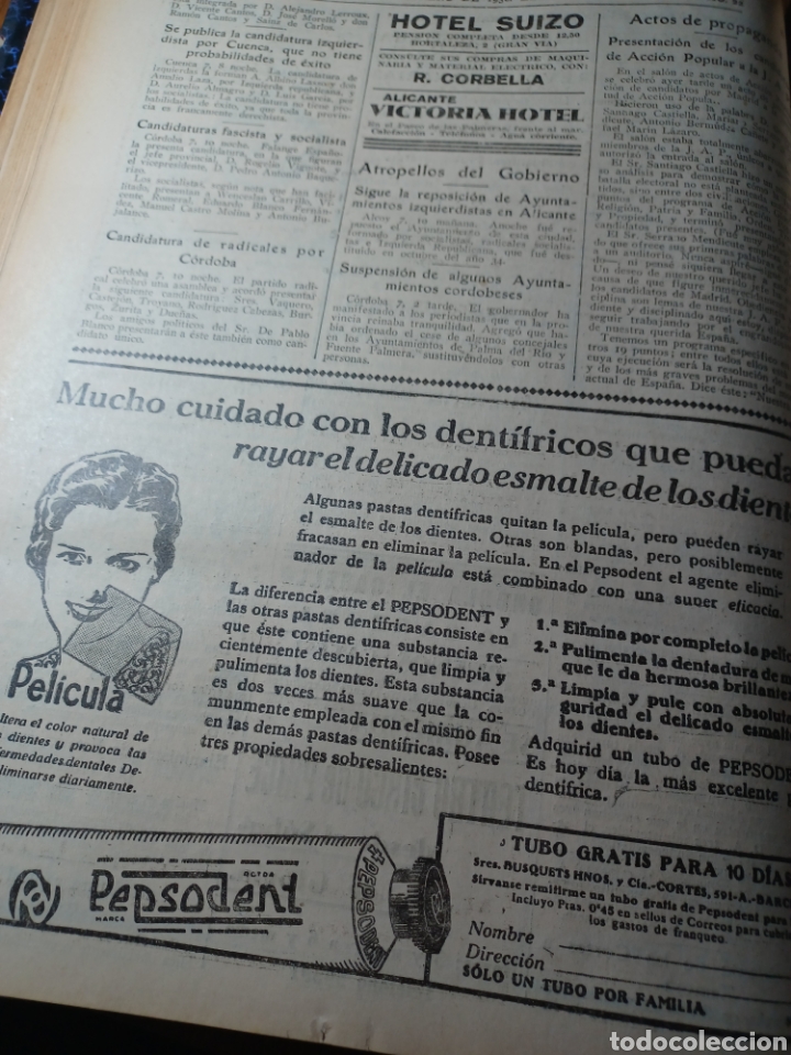 Paper Collecting Others: PUBLICIDAD PEPSODENT . HOTEL SUIZO MADRID VICTORIA HOTEL ALICANTE. HOJA 1936