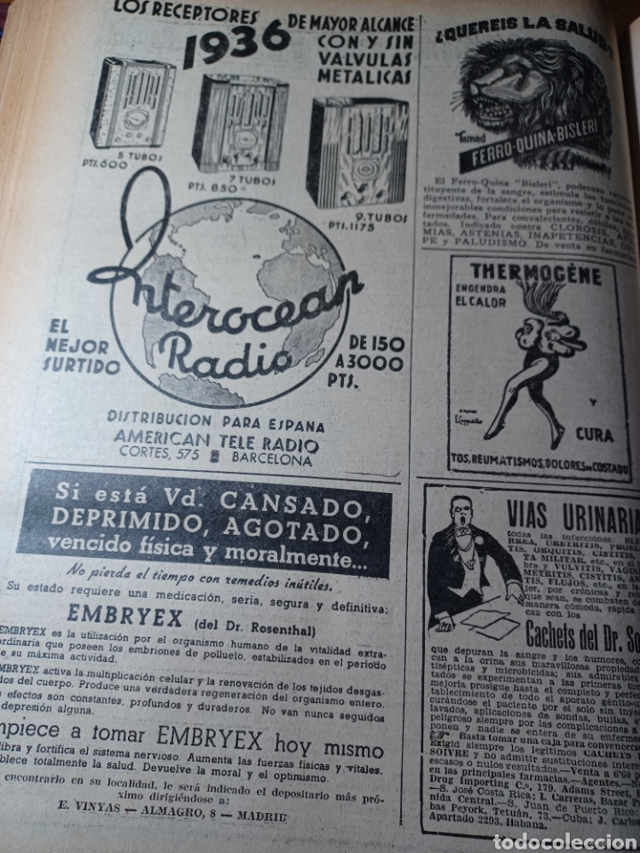 Sammelleidenschaft Andere Papierartikel: PUBLICIDAD INTEROCEAN RADIO FERRO- QUINA - BISLERI THERMOGENE . A&Ntilde;O 1936 . HOJA 30 X 22 CM