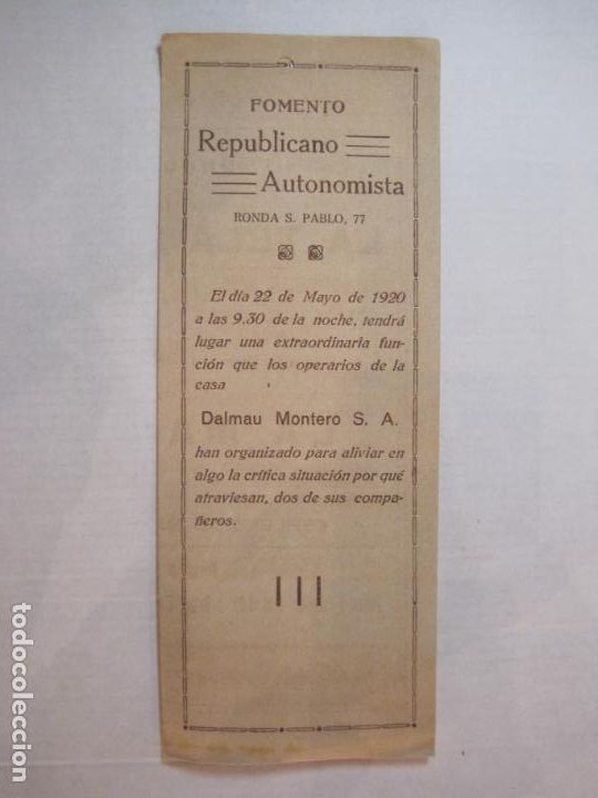 Altri oggetti di carta: BARCELONA-FOMENTO REPUBLICANO AUTONOMISTA-DALMAU MONTERO SA-PROGRAMA A&Ntilde;O 1920-VER FOTOS-(K-5216)