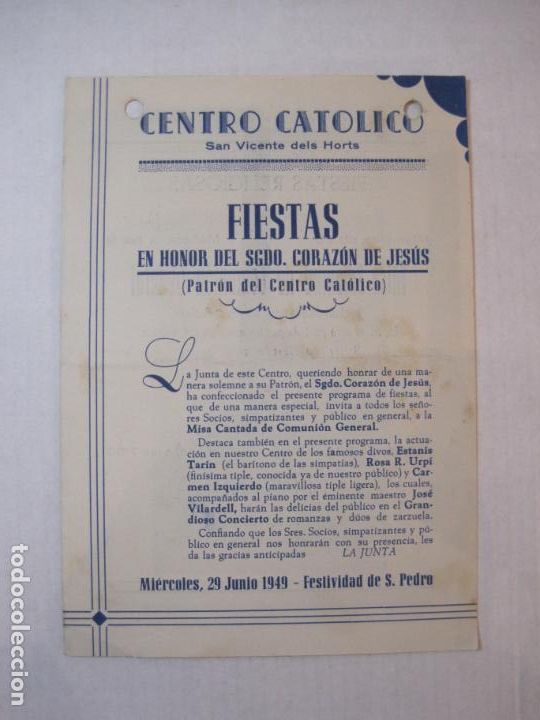 Paper Collecting Others: SAN VICENTE DELS HORTS-CENTRO CATOLICO-FIESTAS-PROGRAMA A&Ntilde;O 1949-VER FOTOS-(K-5220)