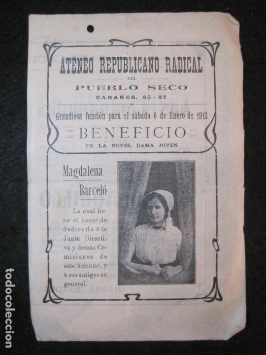 Otros art&iacute;culos de coleccionismo en papel: BARCELONA-ATENEO REPUBLICANO RADICAL-MAGDALENA BARCELO-PROGRAMA A&Ntilde;O 1912-VER FOTOS-(K-5226)