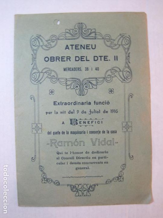 Paper Collecting Others: BARCELONA-ATENEU OBRER DEL DTE II-RAMON VIDAL-PROGRAMA A&Ntilde;O 1916-VER FOTOS-(K-5233)