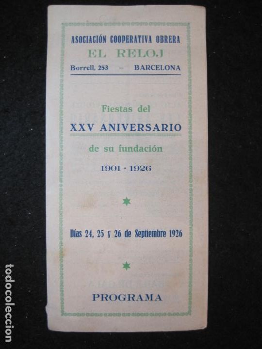Paper Collecting Others: BARCELONA-ASOCIACION COOPERATIVA OBRERA EL RELOJ-PROGRAMA A&Ntilde;O 1926-VER FOTOS-(K-5244)