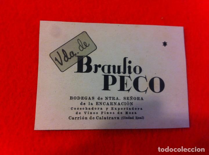 Paper Collecting Others: ANUNCIO PUBLICITARIO DE 1940 EN CARTULINA. BODEGAS VDA. DE BRAULIO PECO. CARRI&Oacute;N DE CALATRAVA
