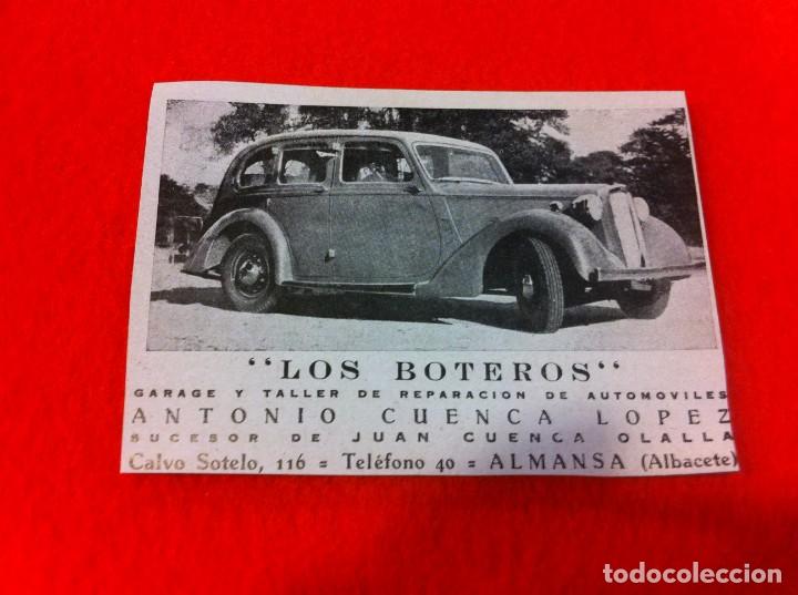 Collectionnisme Papier divers: ANUNCIO PUBLICITARIO DE 1940. LOS BOTEROS. GARAJE Y TALLER DE AUTOM&Oacute;VILES. ANTONIO CUENCA. ALMANSA