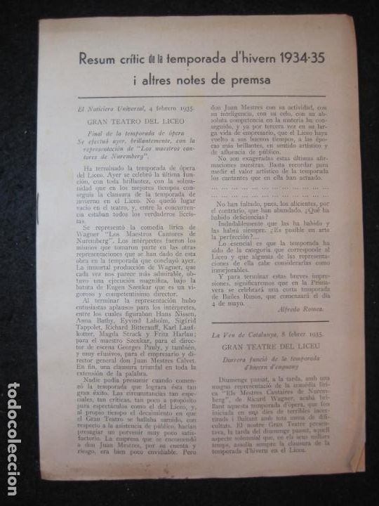 Paper Collecting Others: RESUM CRITIC DE LA TEMPORADA D'HIVERN 1934 1935 I ALTRES NOTES DE PREMSA-LICEU-VER FOTOS-(K-5270)