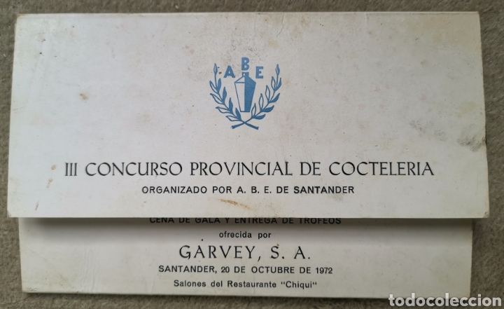 Otros art&iacute;culos de coleccionismo en papel: Men&uacute; III Concurso Provincial de Cocteleria ABE Santander - Brandy Garvey - Restaurante Chiqui 1972