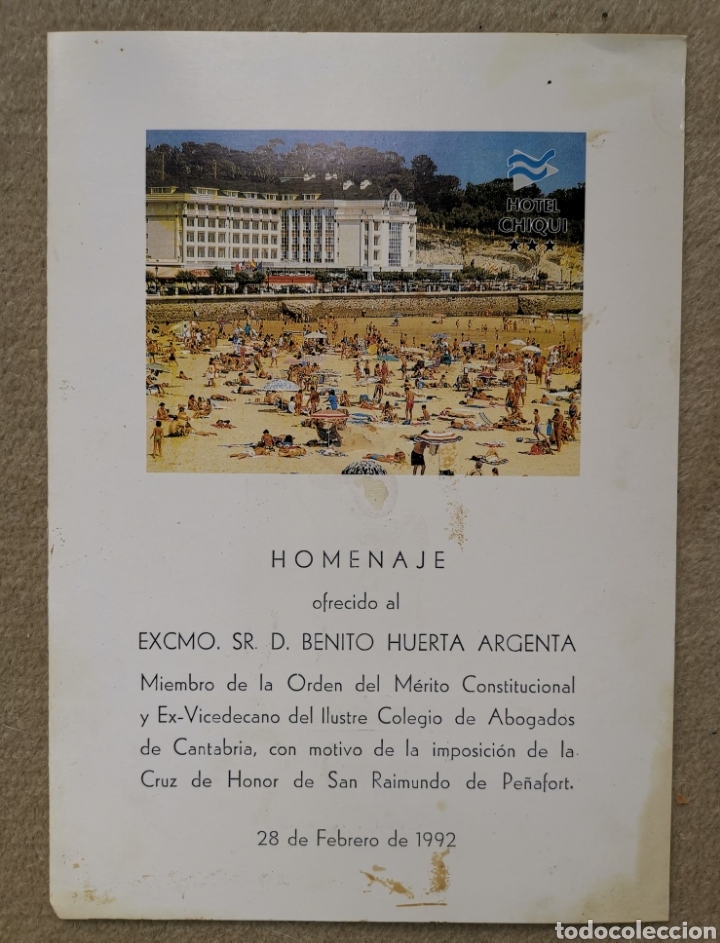 Otros art&iacute;culos de coleccionismo en papel: Men&uacute; Homenaje a Benito Huerta Argenta - Cruz de Honor San Raimundo de Pe&ntilde;afort - Hotel Chiqui 1992
