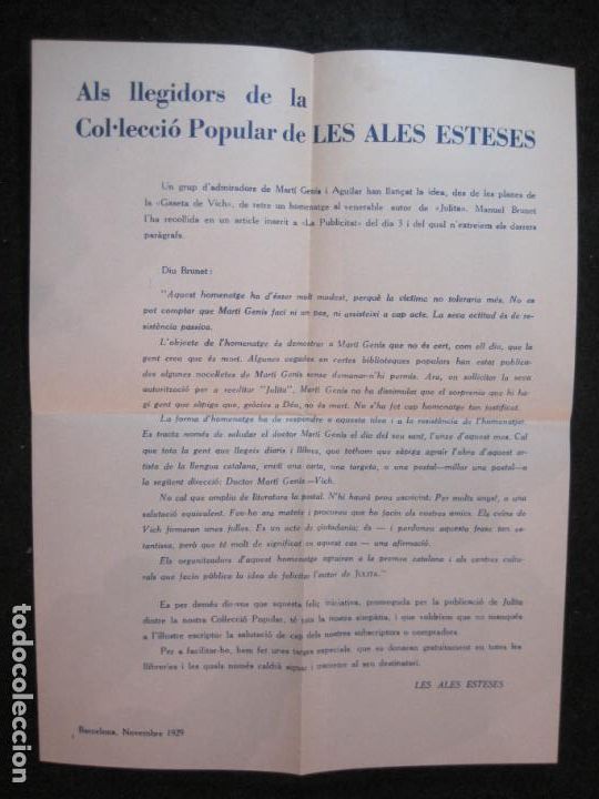 Otros art&iacute;culos de coleccionismo en papel: ALS LLEGIDORS DE LA COL&middot;LECCIO POPULAR DE LES ALES ESTESES-NOVEMBRE 1929-VER FOTOS-(K-5289)