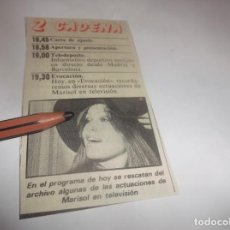 Altri oggetti di carta: RECORTE AÑO 1965.- LA CANTANTE MARISOL ,EN LA 2 CADENA DE TVE