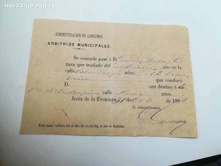 Collectionnisme Papier divers: ARBITRIOS MUNICIPALES. JEREZ DE LA FRONTERA. 1882. CONCESI&Oacute;N DE PASE PARA TRASLADO