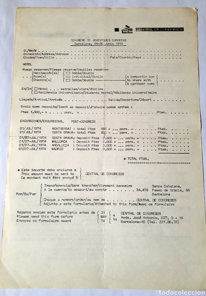 Otros Art&iacute;culos de Coleccionismo en Papel: CEDADE Hoja de inscripci&oacute;n al Congreso de Juventudes Europeas Barcelona 29-30 Junio 1974