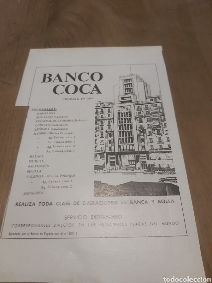 Outros artigos de papel: BANCO COCA PUBLICIDAD 1967 HOJA DE LIBRO SUCURSALES