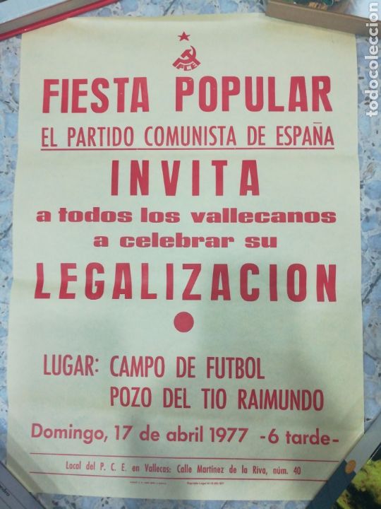 Otros art&iacute;culos de coleccionismo en papel: Poster Partido Comunista 1977. Medidas 44x32