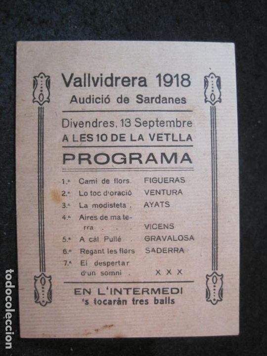 Otros Art&iacute;culos de Coleccionismo en Papel: VALLVIDRERA-COBLA BARCINO-PROGRAMA DE SARDANES-ANY 1918-VER FOTOS-(88.962)