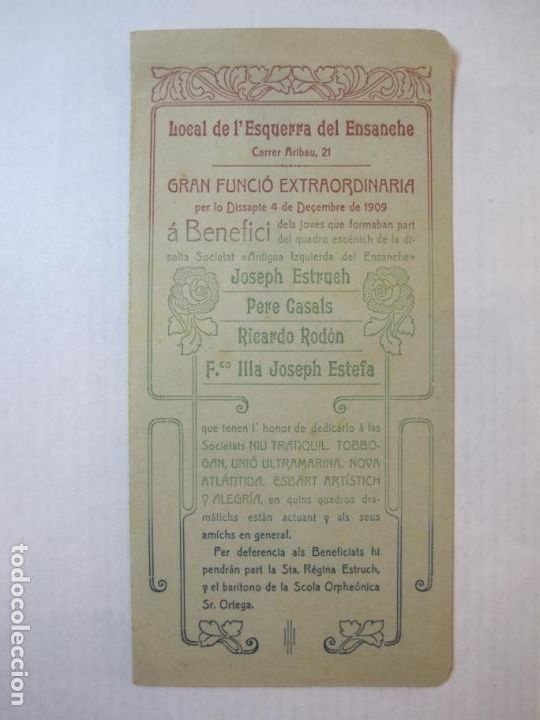 Altri oggetti di carta: BARCELONA-LOCAL DE L'ESQUERRA DEL ENSANCHE-ANY 1909-PROGRAMA ANTIGUO-VER FOTOS-(K-5540)