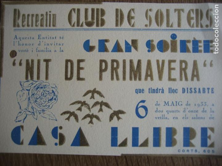 Otros art&iacute;culos de coleccionismo en papel: Casa Llibre. Les Corts, Barcelona. 1933- Recreatiu Club de Solters. Invitaci&oacute;n.