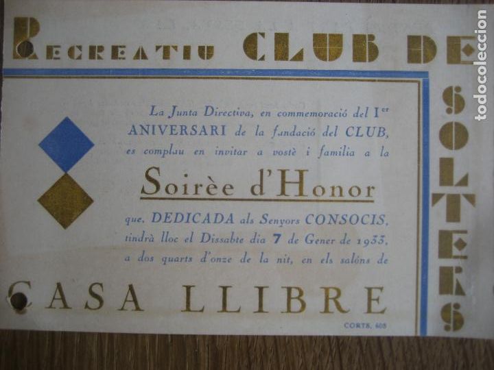 Otros art&iacute;culos de coleccionismo en papel: Casa Llibre. Les Corts, Barcelona. 1933- Recreatiu Club de Solters. Invitaci&oacute;n.