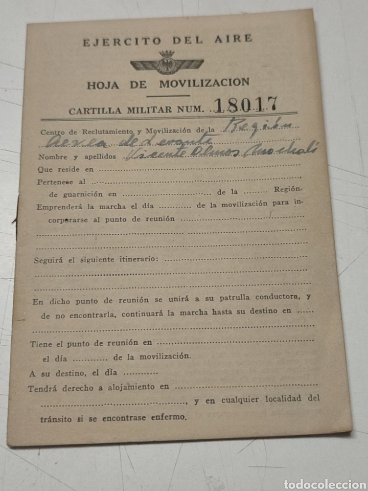 Otros Art&iacute;culos de Coleccionismo en Papel: Hoja de movilizaci&oacute;n Ej&eacute;rcito del Aire Regi&oacute;n &aacute;rea de Levante