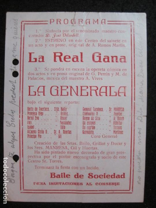 Altri oggetti di carta: BARCELONA-ATENEO OBRERO DE LAS CORTS-LA REAL GANA-LA GENERALA-PROGRAMA-ANY 1923-VER FOTOS-(K-5594)