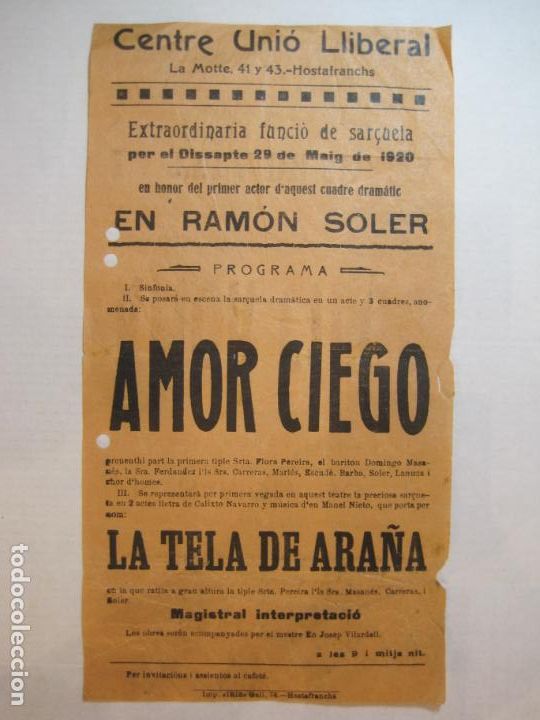 Altri oggetti di carta: HOSTAFRANCHS-CENTRE UNIO LLIBERAL-PROGRAMA RAMON SOLER-AMOR CIEGO-MAIG 1920-VER FOTOS-(K-5597)