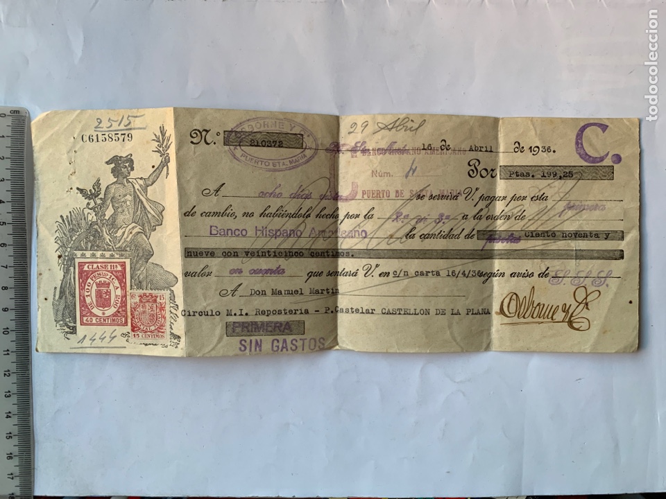 Paper Collecting Others: LETRA DE CAMBIO. OSBORNE Y CIA, PUERTO DE STA. MAR&Iacute;A. FECHA, 16 ABRIL 1936.