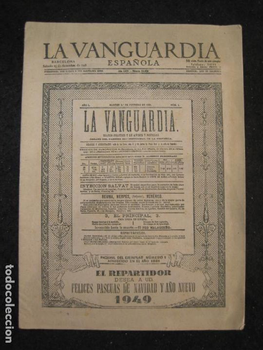 Outros artigos de papel: EL REPARTIDOR DE LA VANGUARDIA ESPA&Ntilde;OLA-A&Ntilde;O 1949-FELICITACION ANTIGUA NAVIDAD-VER FOTOS-(K-5720)