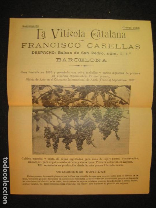 Sammelleidenschaft Andere Papierartikel: LA VITICOLA CATALANA DE FRANCISCO CASELLAS-BARCELONA-A&Ntilde;O 1903-PUBLICIDAD ANTIGUA-VER FOTOS-(K-5743)