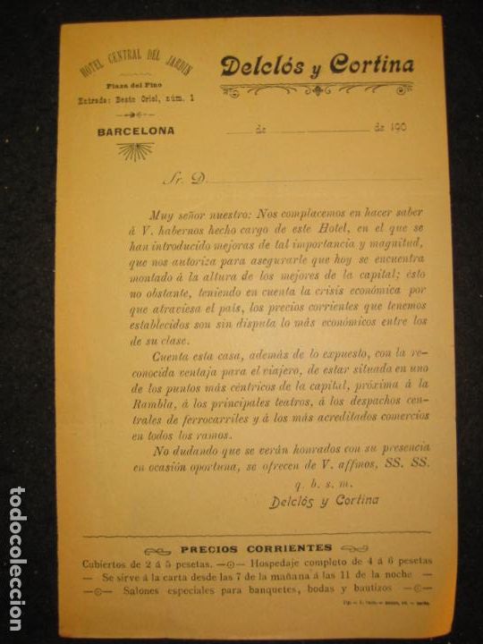Outros artigos de papel: BARCELONA-HOTEL CENTRAL DEL JARDIN-DELCLOS Y CORTINA-PUBLICIDAD ANTIGUA-VER FOTOS-(K-5744)