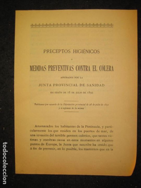 Sammelleidenschaft Andere Papierartikel: PRECEPTOS HIGIENICOS O MEDIDAS PREVENTIVAS CONTRA EL COLERA-JUNTA PROV SANIDAD-VER FOTOS-(K-5745)