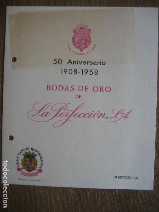 Otros Art&iacute;culos de Coleccionismo en Papel: La Perfeccion. Barcelona. Fabrica de Bebidas. 1958. Menu Bodas de Oro. Gran Casino Restaurant