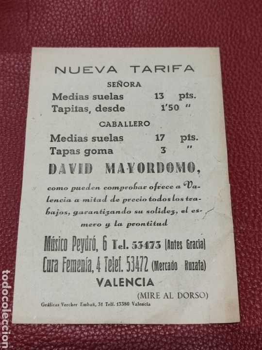 Collectionnisme Papier divers: Publicidad David Mayordomo Venta de Calzado Valencia