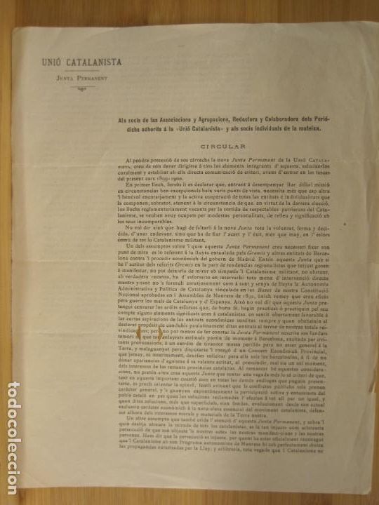 Altri oggetti di carta: UNIO CATALANISTA-JUNTA PERMANENT-CIRCULAR 26 OCTUBRE 1899-VER FOTOS-(K-6241)