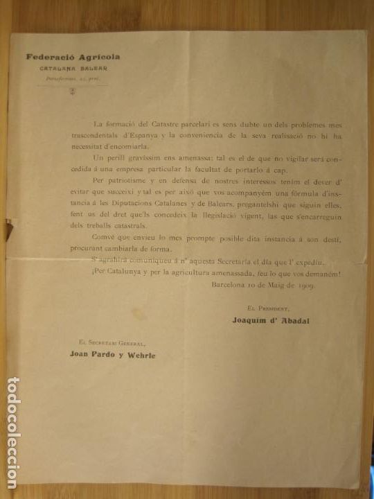 Altri oggetti di carta: FEDERACIO AGRICOLA CATALANA BALEAR-MAIG 1909-JOAQUIM ABADAL-JOAN PARDO Y WEHRLE-VER FOTOS-(K-6242)
