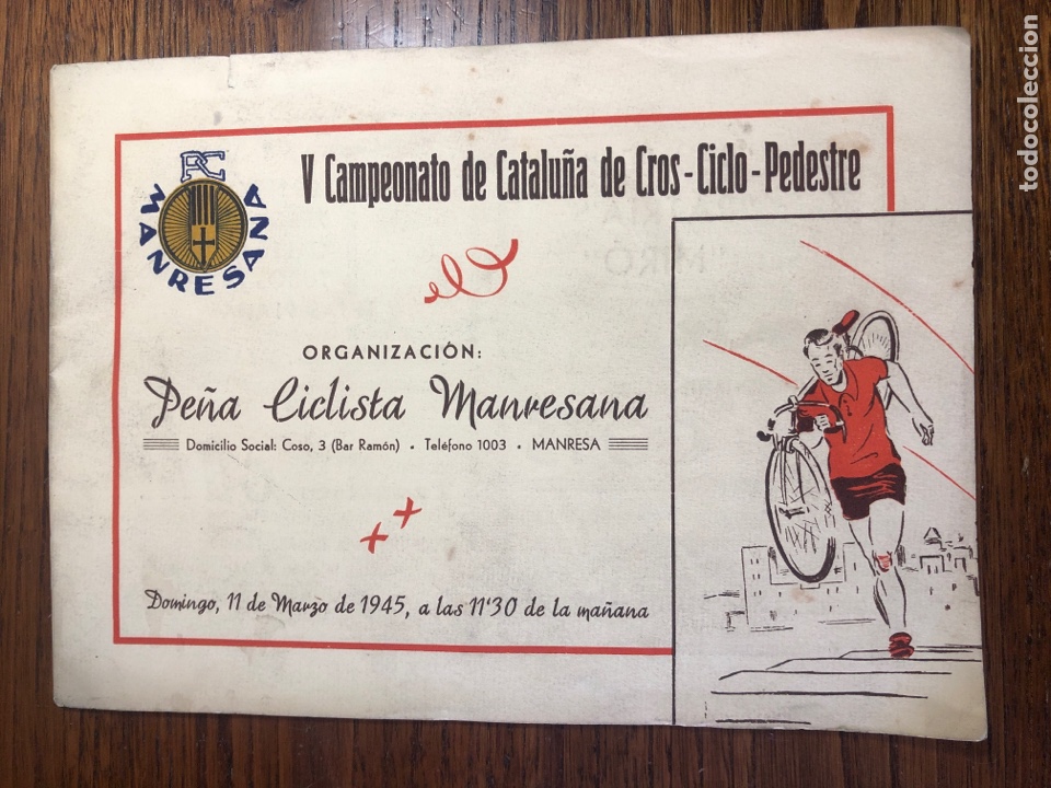 Otros Art&iacute;culos de Coleccionismo en Papel: PROGRAMA V CAMPEONATO CATALU&Ntilde;A CROS CICLO PEDESTRE PE&Ntilde;A MANRESA 1945 CICLISMO