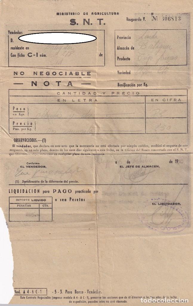 Outros artigos de papel: Figueras 1950 / Ministerio de Agricultura S.N.T. - Trigo - Liquidaci&oacute;n para pago / Reverso 5 vi&ntilde;etas