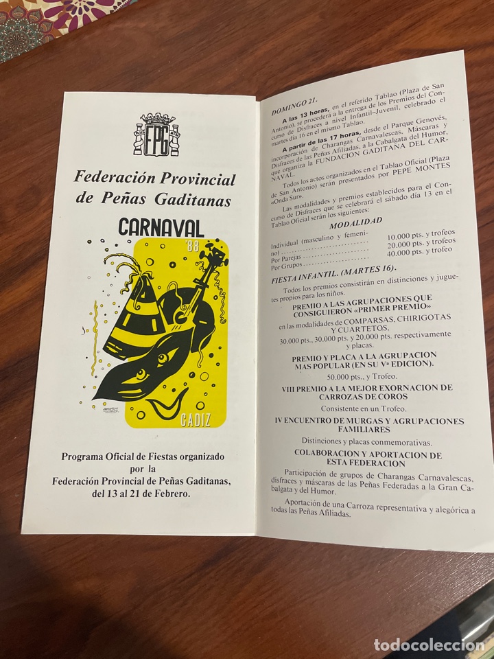Otros Art&iacute;culos de Coleccionismo en Papel: Carnaval C&aacute;diz 1988 programa oficial Federaci&oacute;n de Pe&ntilde;as gaditanas