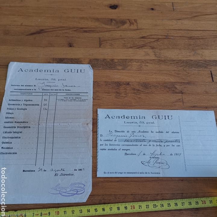 Otros Art&iacute;culos de Coleccionismo en Papel: Notas y recibo de la Academia Guiu de Barcelona 1919. Manuel Guiu, Joaqu&iacute;n G&oacute;mez