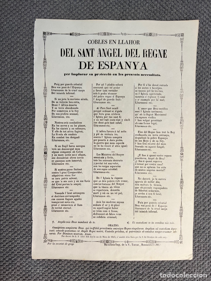 Otros Art&iacute;culos de Coleccionismo en Papel: COBLES - (COPLAS) EN LLAHOR Del Sant Angel del Regne de Espanya. Barcelona (a.1860)