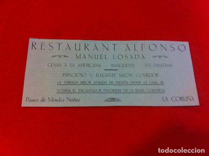 Collectionnisme Papier divers: ANUNCIO DE LA VIDA GR&Aacute;FICA ESPA&Ntilde;OLA. A&Ntilde;O 1929. RESTAURANT ALFONSO. MANUEL LOSADA. CORU&Ntilde;A.