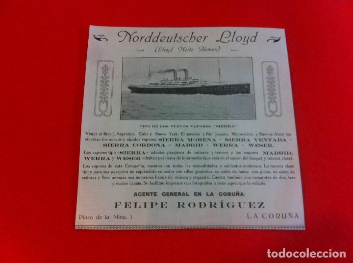 Collectionnisme Papier divers: ANUNCIO DE LA VIDA GR&Aacute;FICA ESPA&Ntilde;OLA. A&Ntilde;O 1929 NORDDEUTSCHER LLOYD. LA CORU&Ntilde;A. FELIPE RODR&Iacute;GUEZ
