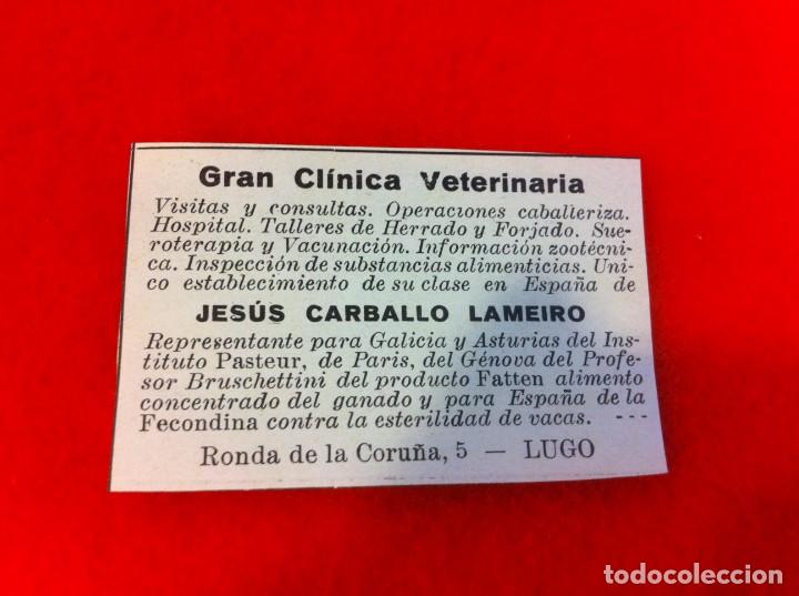 Sammelleidenschaft Andere Papierartikel: ANUNCIO DE LA VIDA GR&Aacute;FICA ESPA&Ntilde;OLA. A&Ntilde;O 1929. VETERINARIA JES&Uacute;S CARBALLO LAMEIRO. LUGO