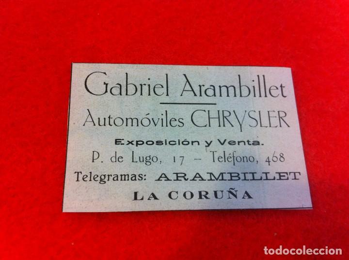 Otros Art&iacute;culos de Coleccionismo en Papel: ANUNCIO DE LA VIDA GR&Aacute;FICA ESPA&Ntilde;OLA. A&Ntilde;O 1929 AUTOM&Oacute;VILES CHRYSLER. GABRIEL ARAMBILLET. CORU&Ntilde;A