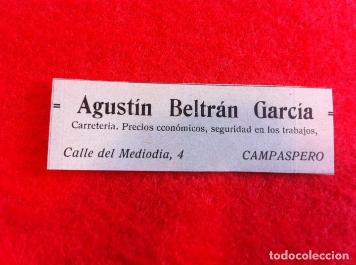 Collectionnisme Papier divers: ANUNCIO DE LA VIDA GR&Aacute;FICA ESPA&Ntilde;OLA. A&Ntilde;O 1929. CARRETER&Iacute;A. AGUST&Iacute;N BELTR&Aacute;N. CAMPASPERO