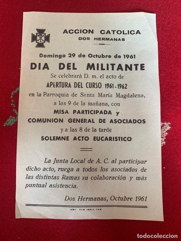 Otros art&iacute;culos de coleccionismo en papel: Recuerdo del d&iacute;a del militante de acci&oacute;n cat&oacute;lica en Dos Hermanas.